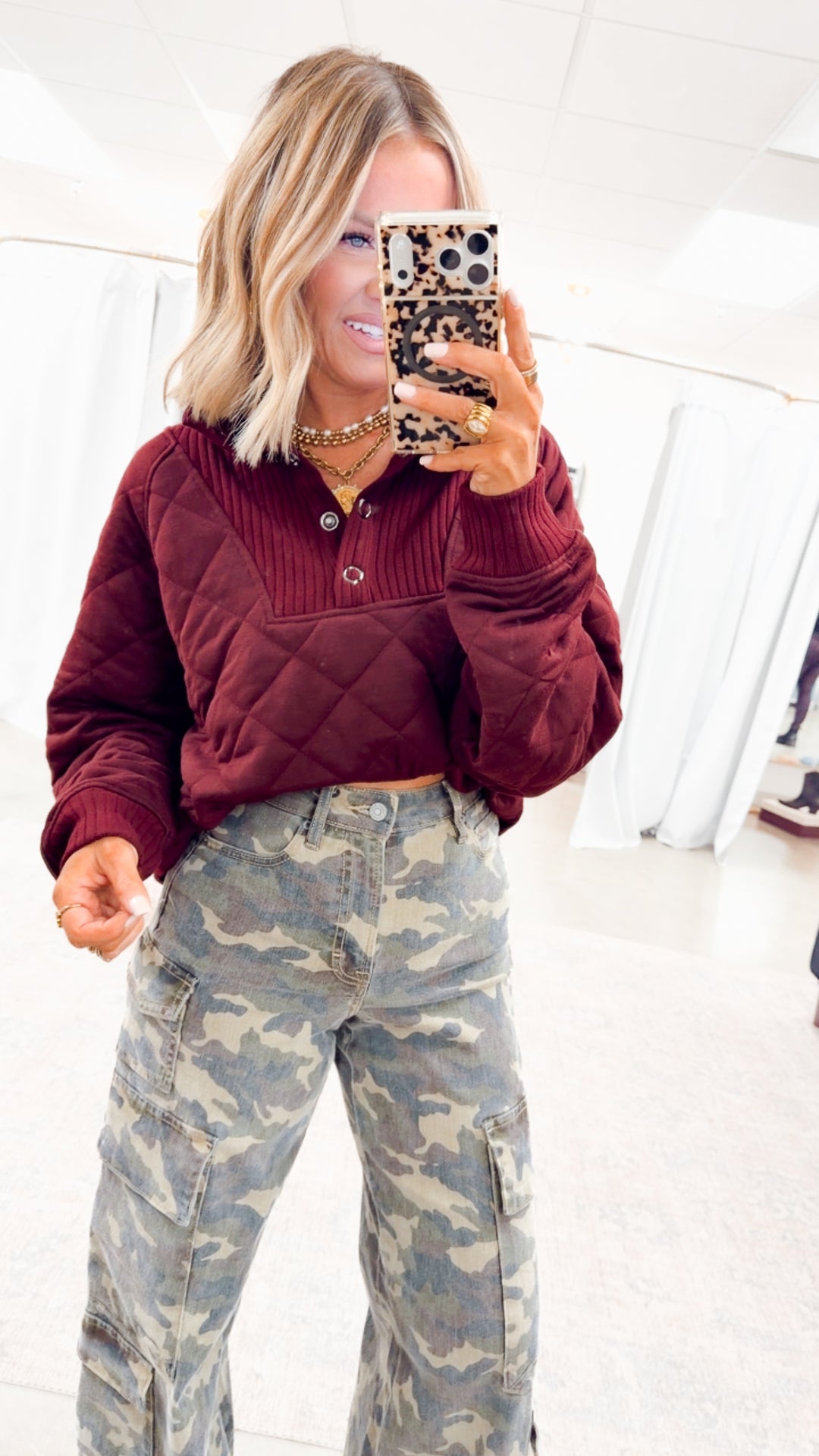 Quilted Snap Pullover-Dk Cherry