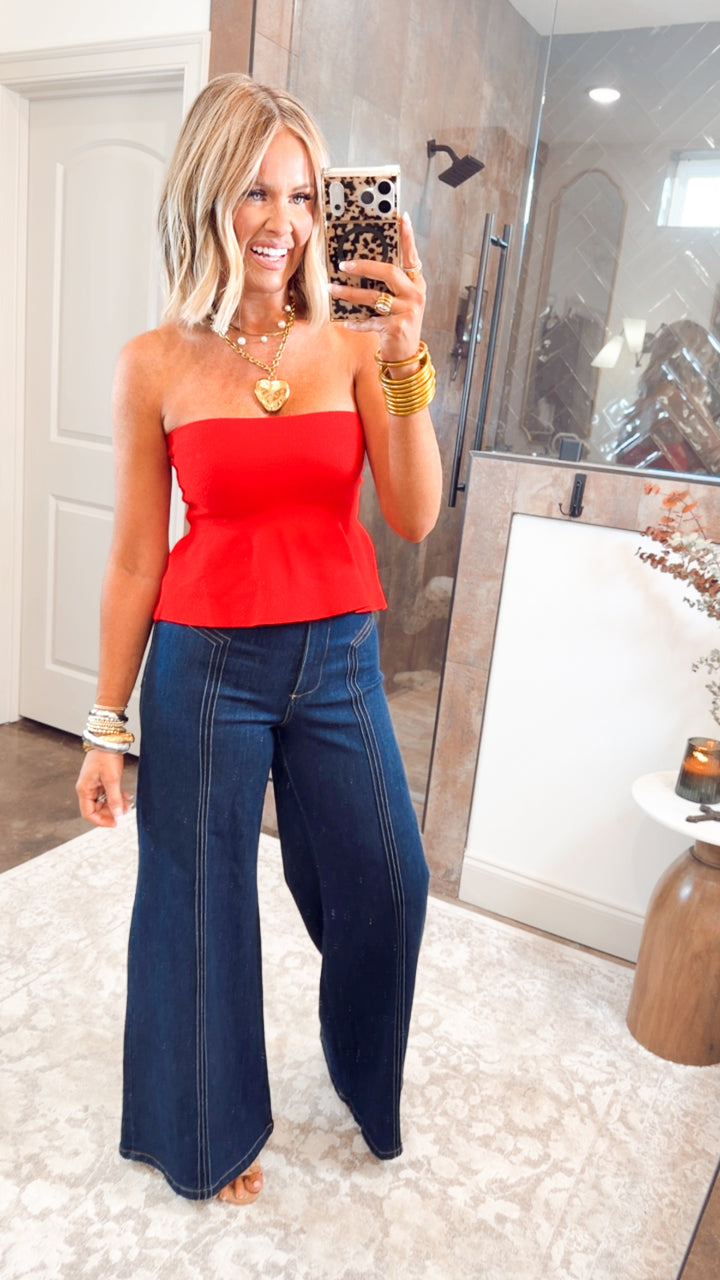 Ellie Strapless Knit Peplum Top-Red