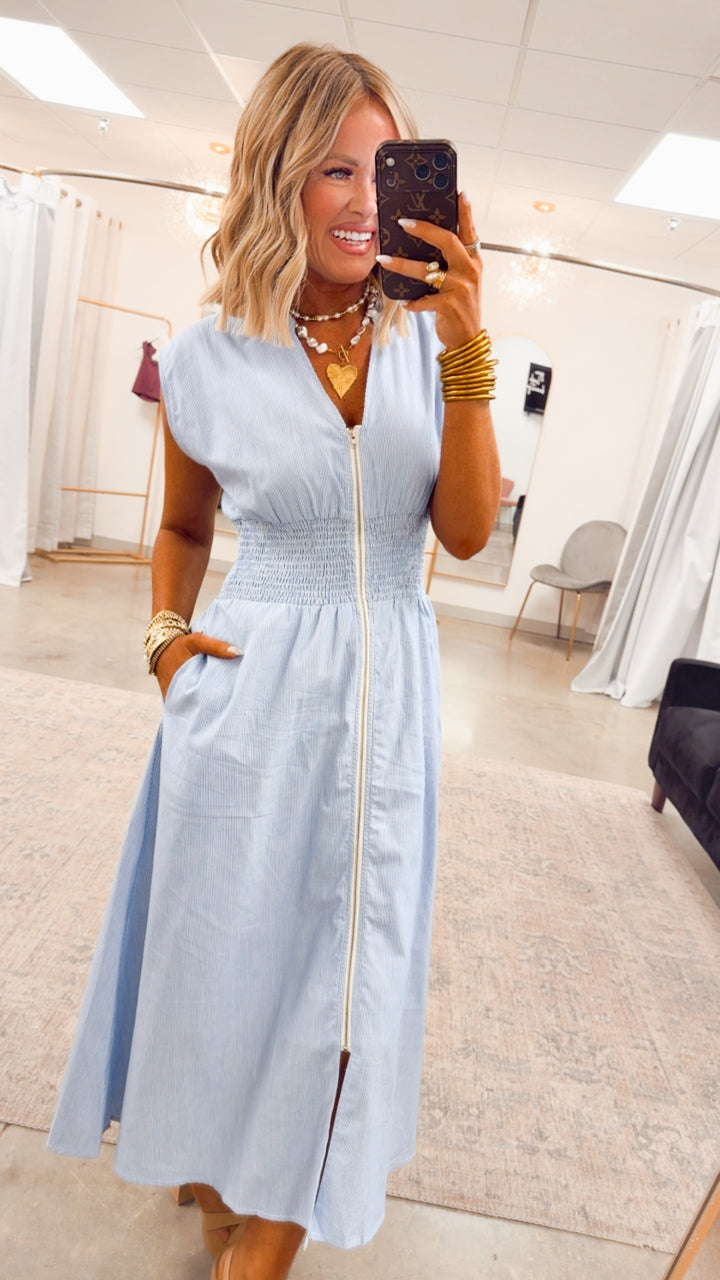The Shore Stripe Midi Dress-Blue/White