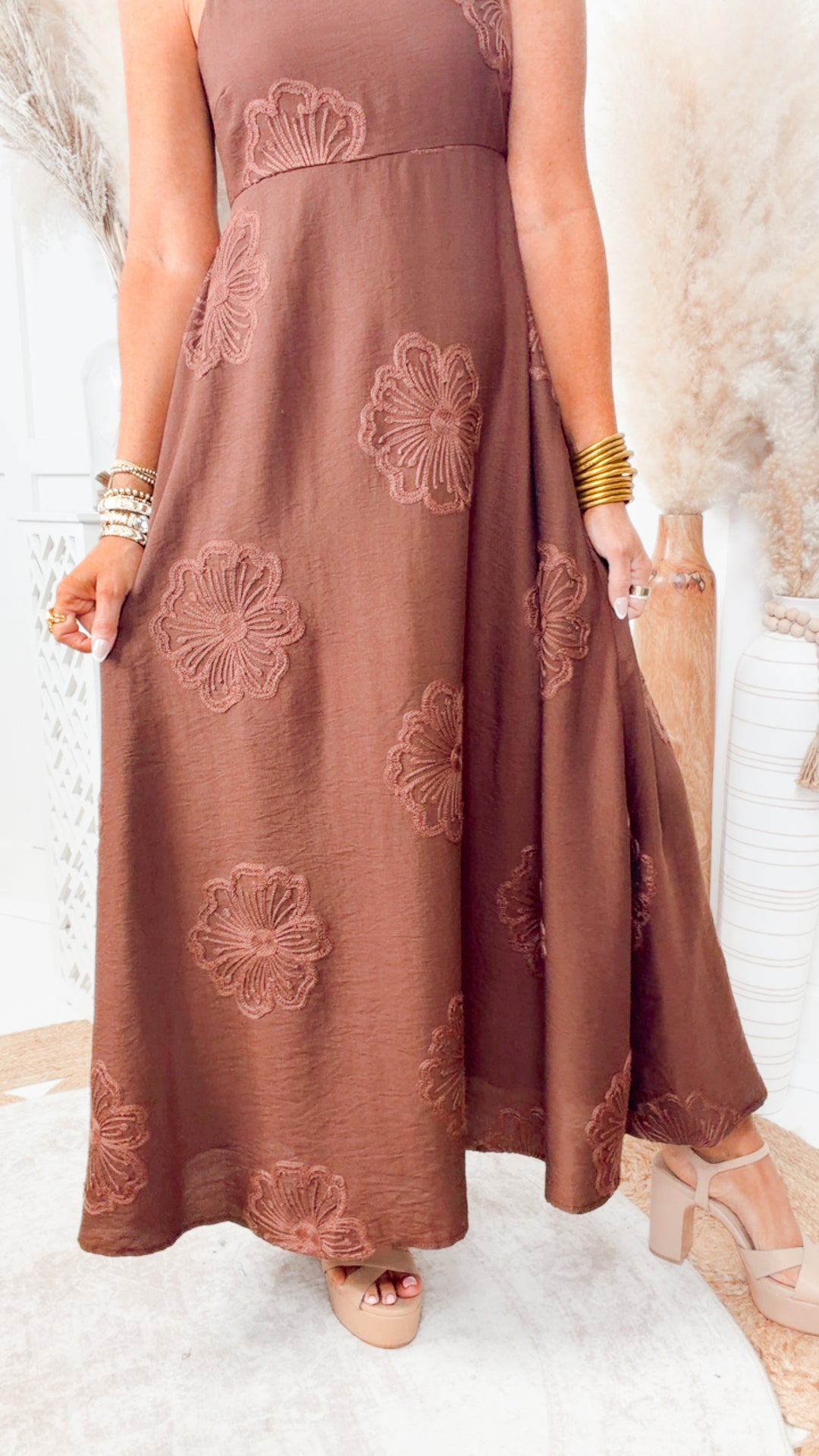 The Embroidered Petal Midi Dress-Mocha
