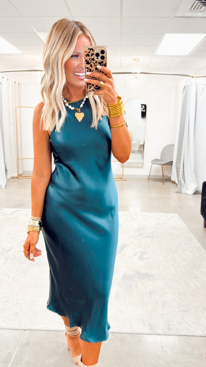 Satin Charm Midi Dress-Dark Green