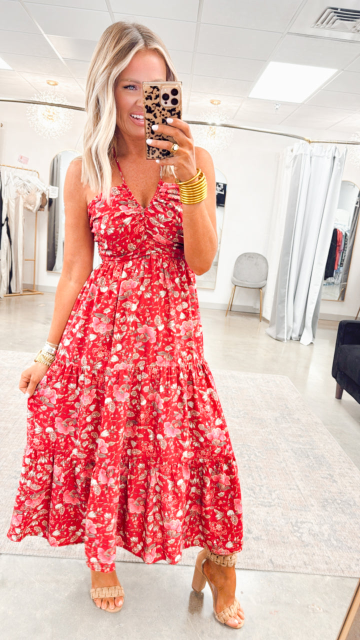 Cascade Halter Tiered Midi Dress
