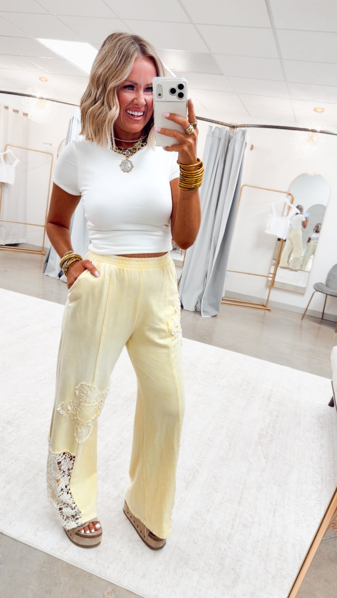 The Flower Crochet Patched Pants-Butter