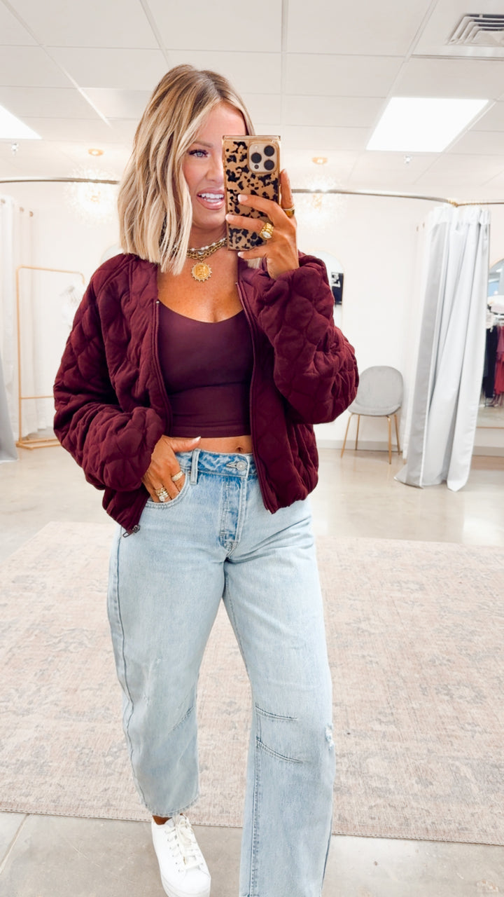 Naomi Quilted Bomber Jacket-Dark Cherry