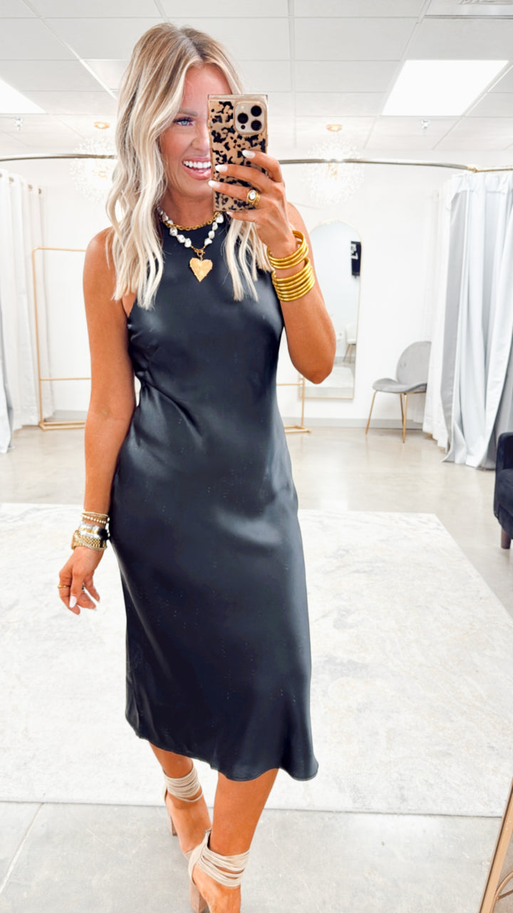 Satin Charm Midi Dress-Black