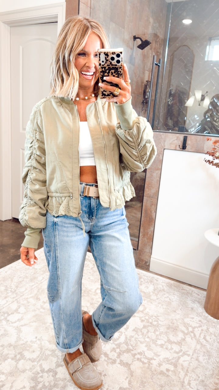 Ruched Sleeve Bomber Jacket-Light Olive
