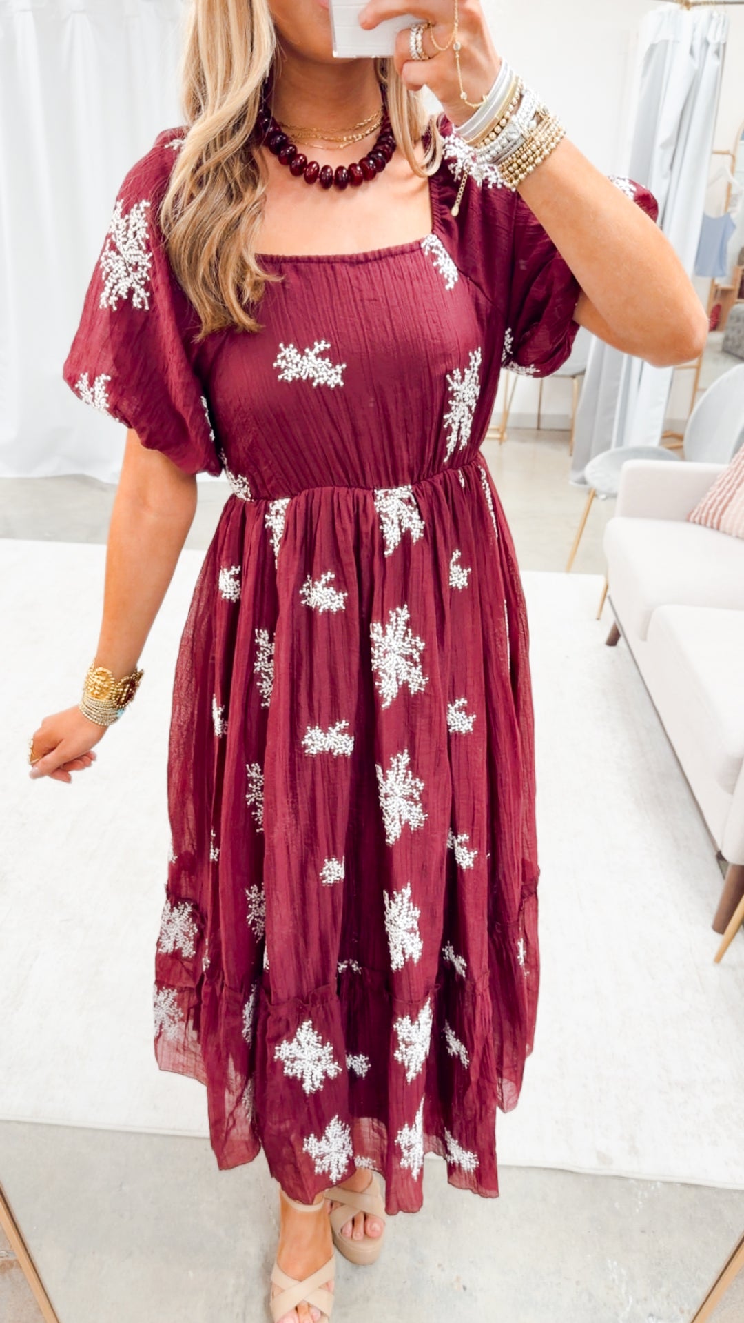 The Cascade Charm Midi Dress-Wine