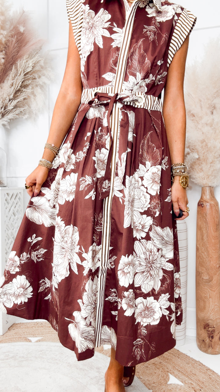 The Botanical Charm Midi Dress-Brown