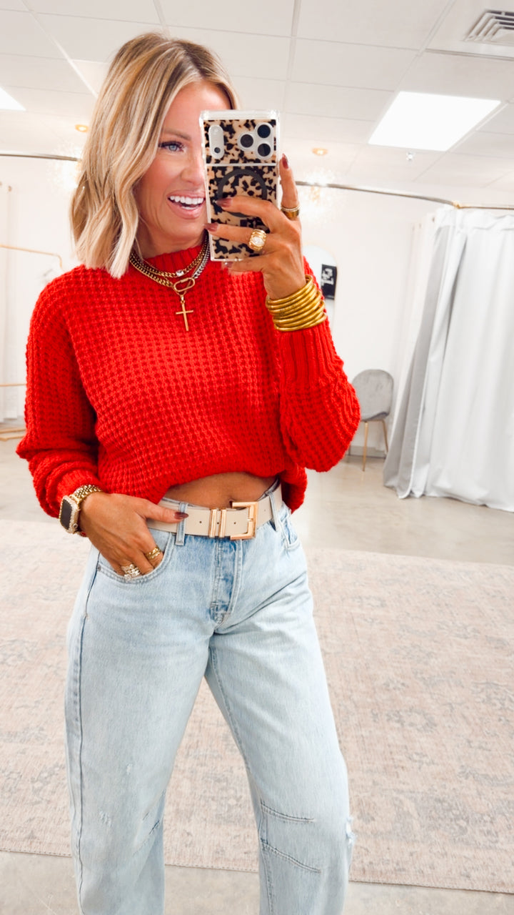 The Maren Hi-Low Waffle Knit-Ruby