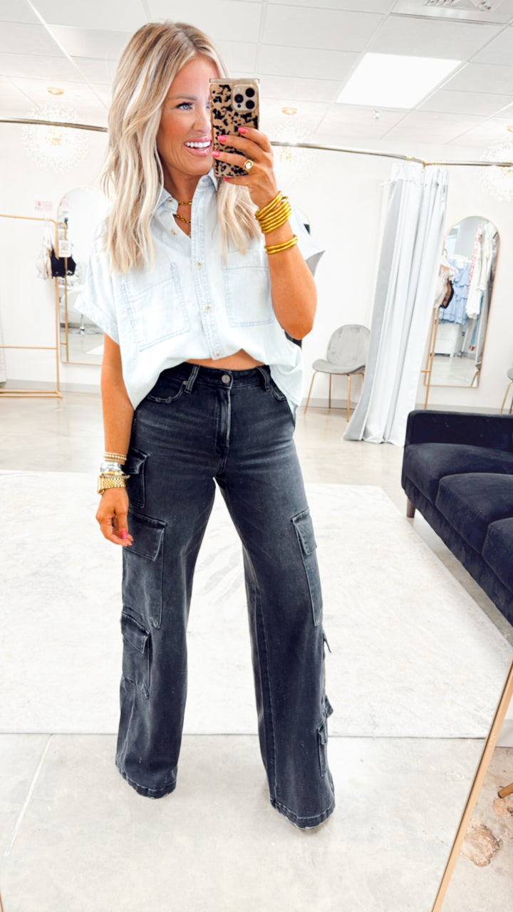 Charcoal Couture-High Rise Cargo Jeans