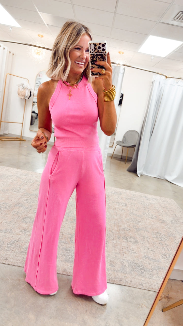 Harlow Halter Neck Crop Top & Pants Set-Barbie Pink