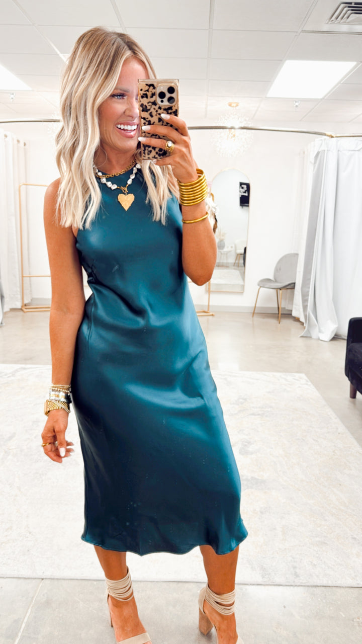 Satin Charm Midi Dress-Dark Green