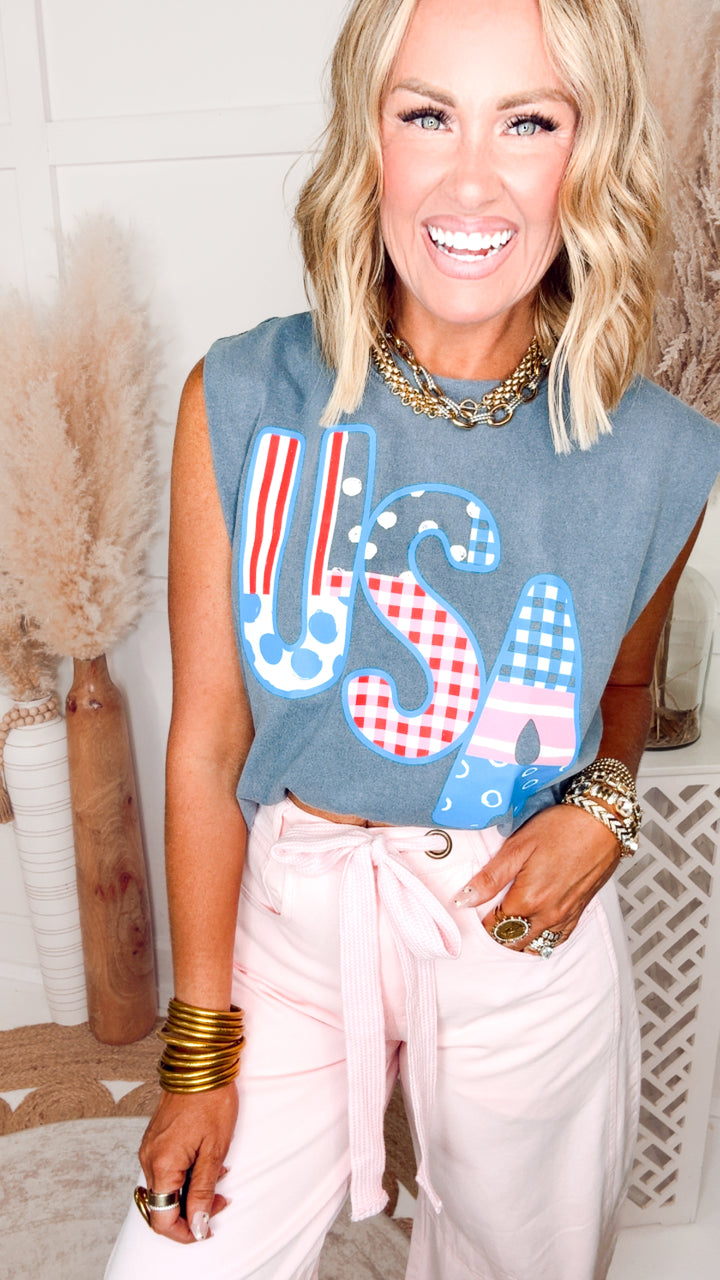 USA Patch Print Denim Muscle Tee