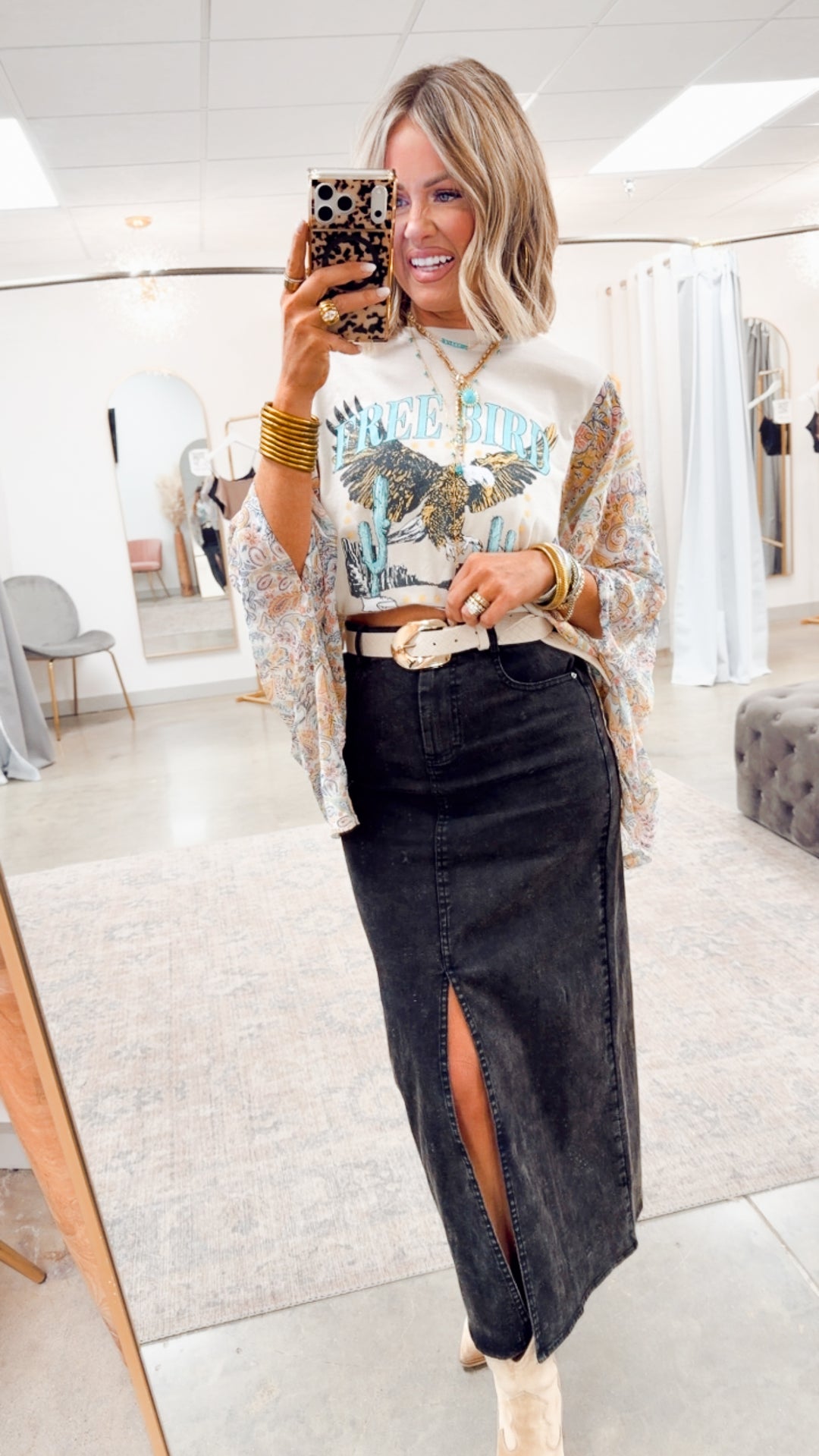 Free Bird Scarf Print Kantha Top-Bone