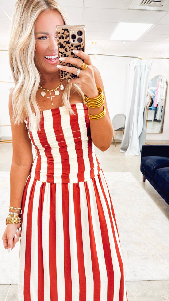 Vertical Stripe Strapless Midi Dress-Red
