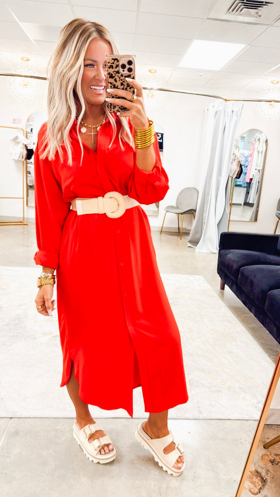 The Elle Oversized Midi Shirt Dress- Red