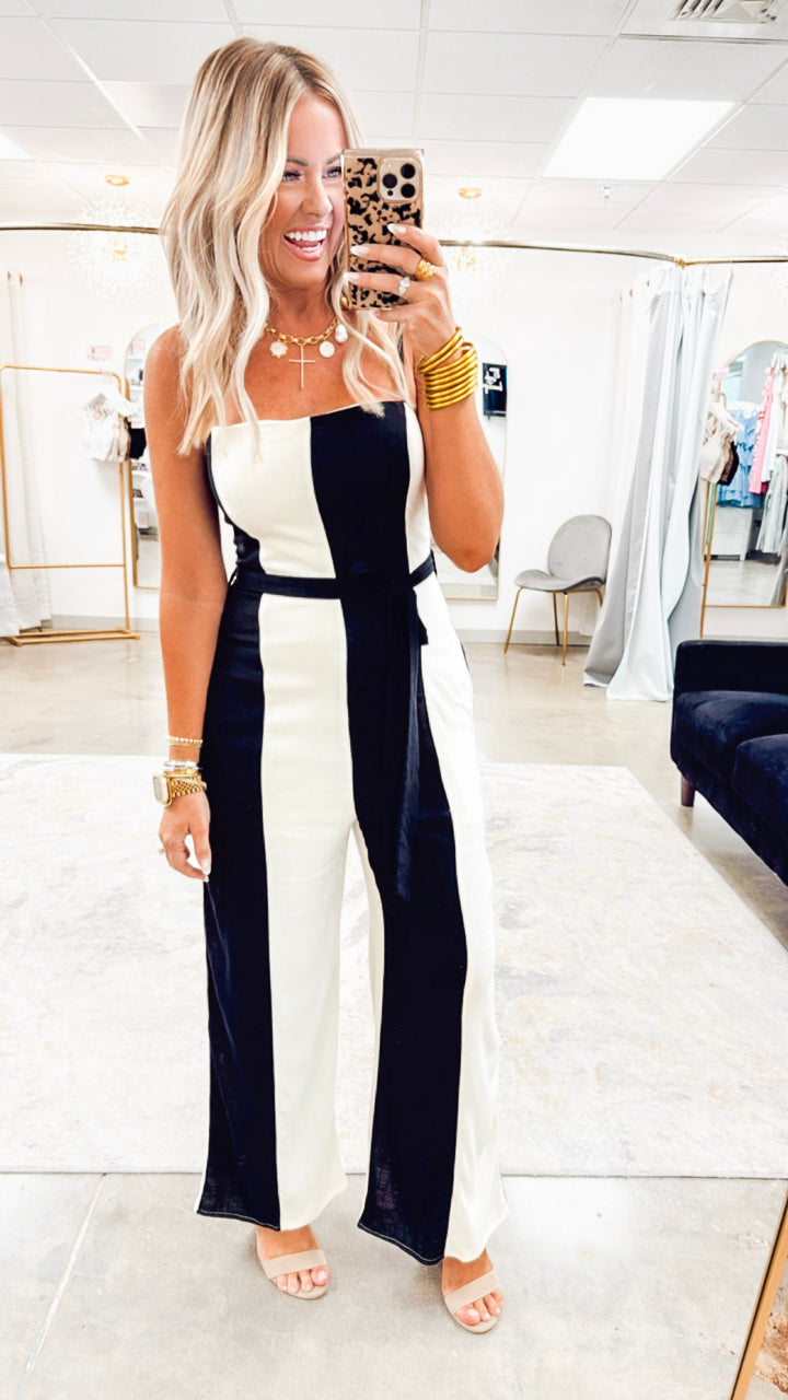 Wide Stripe Belted Jumpsuit- Black