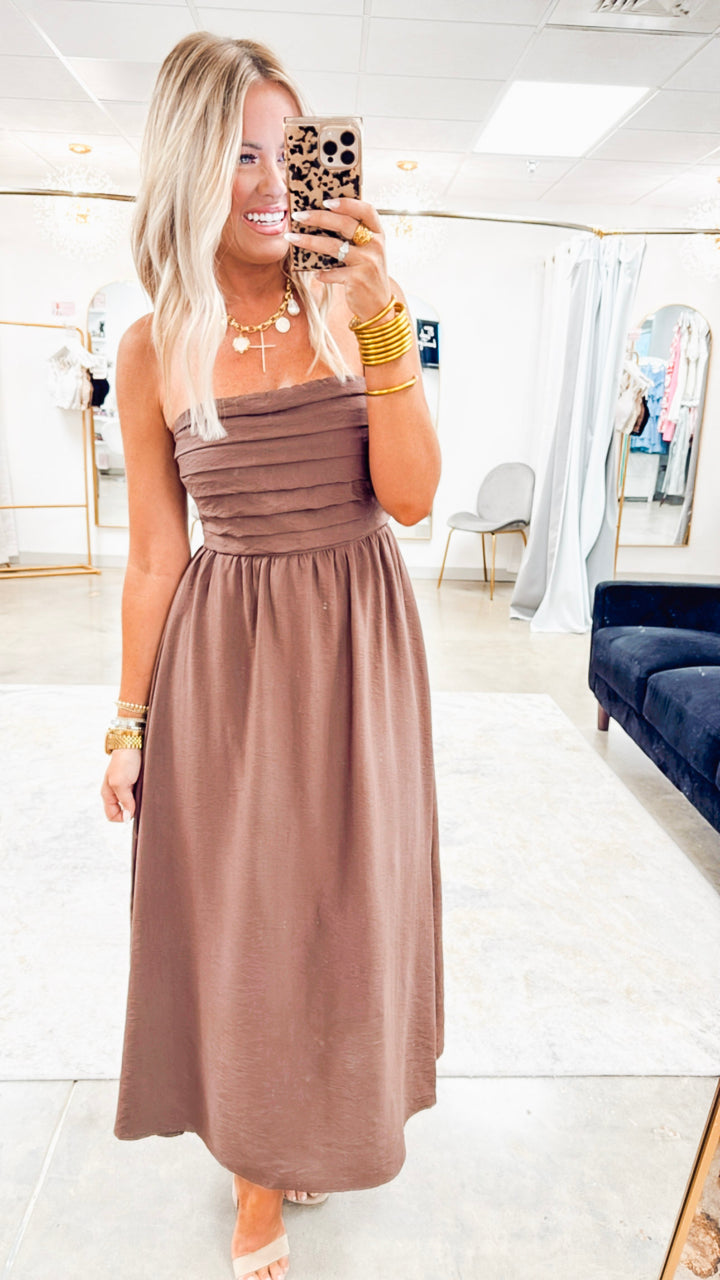 Pleated Bodice Strapless Midi Sundress- Brown