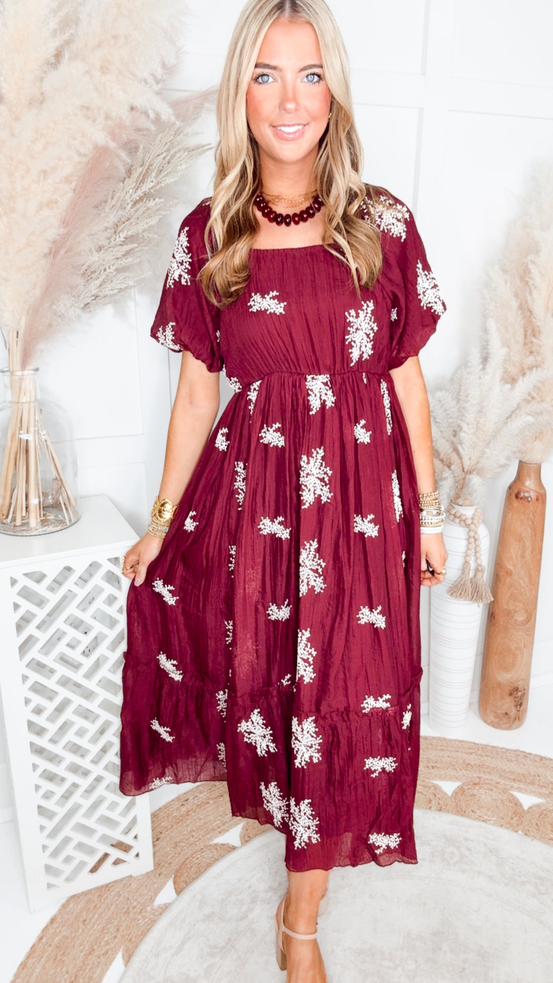 The Cascade Charm Midi Dress-Wine