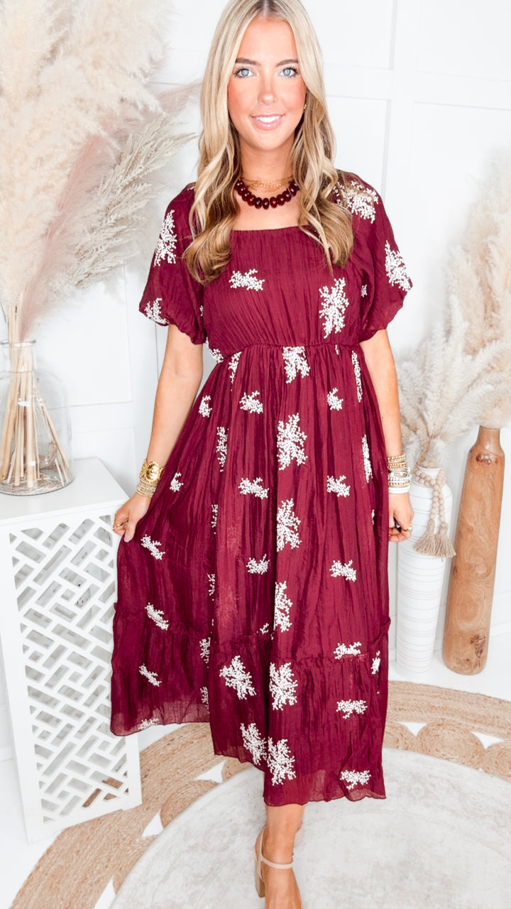 The Cascade Charm Midi Dress-Wine
