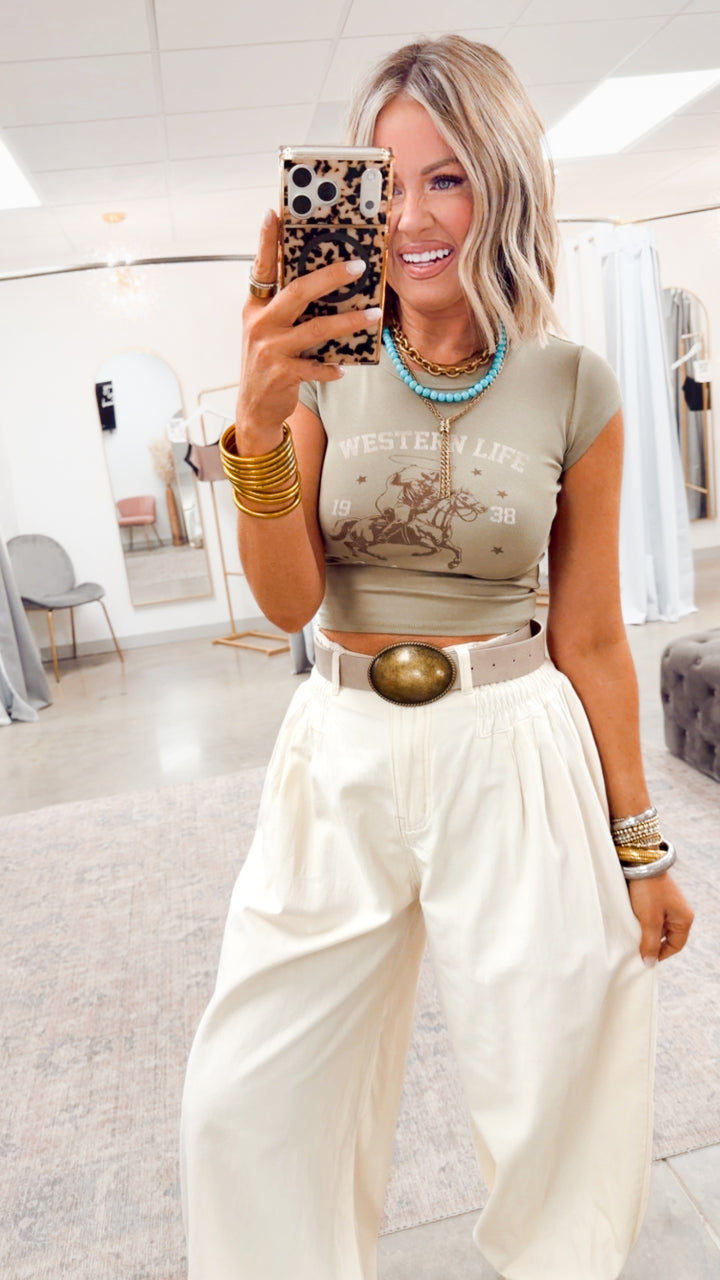 Western Life Graphic Crop Tee-Olive