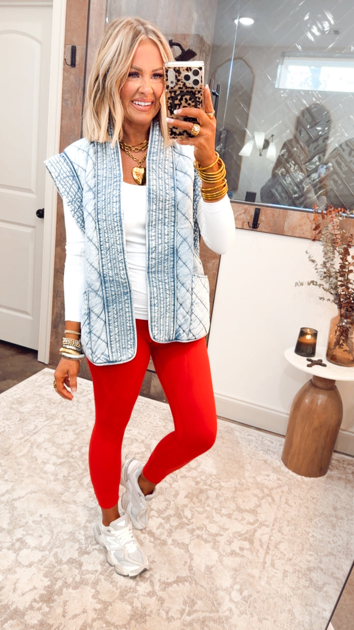 Washed Denim Quilted Shawl Vest