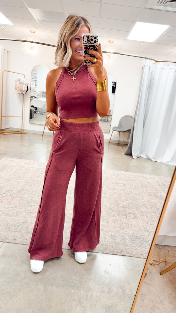 Harlow Halter Neck Crop Top & Pants Set-Wine