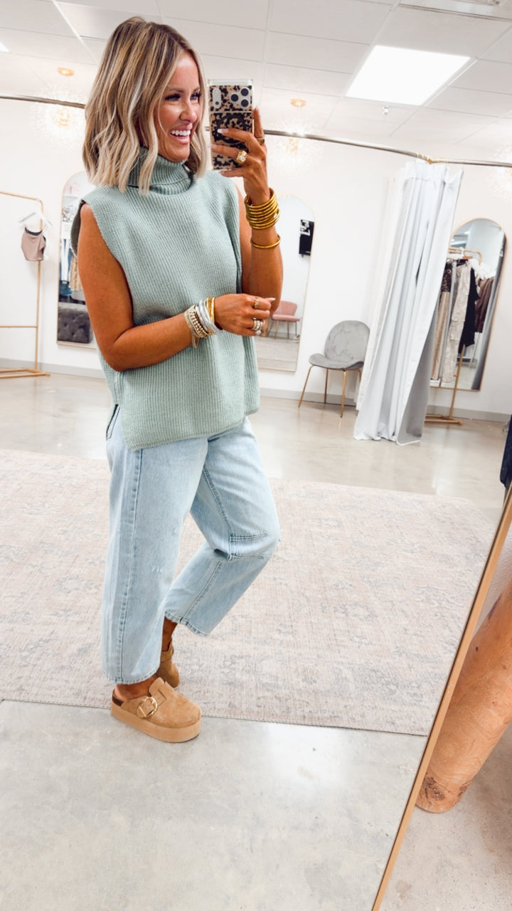 Sleeveless Turtleneck Sweater Vest-Sage