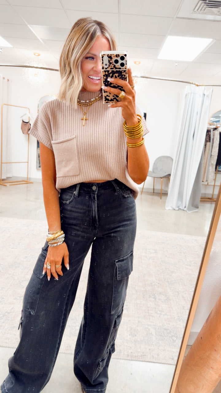 Dani Ribbed Short Sleeve Sweater-Taupe