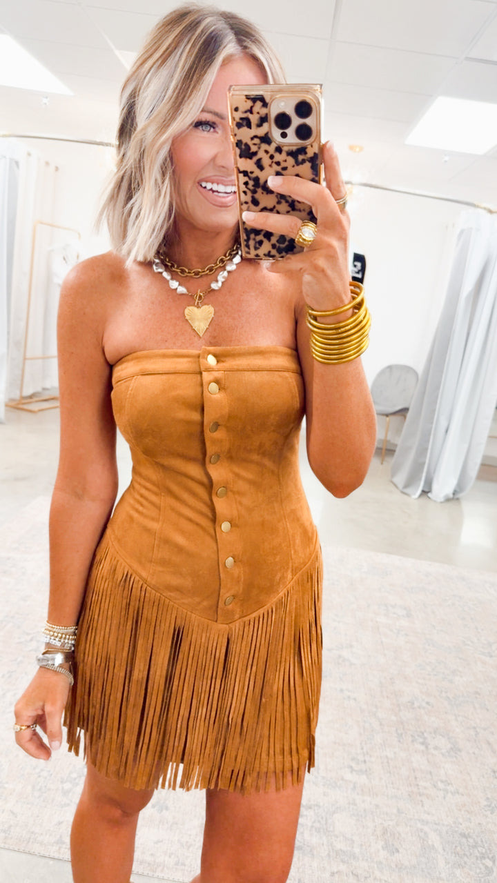 Fringe & Flirt Mini Dress-Camel