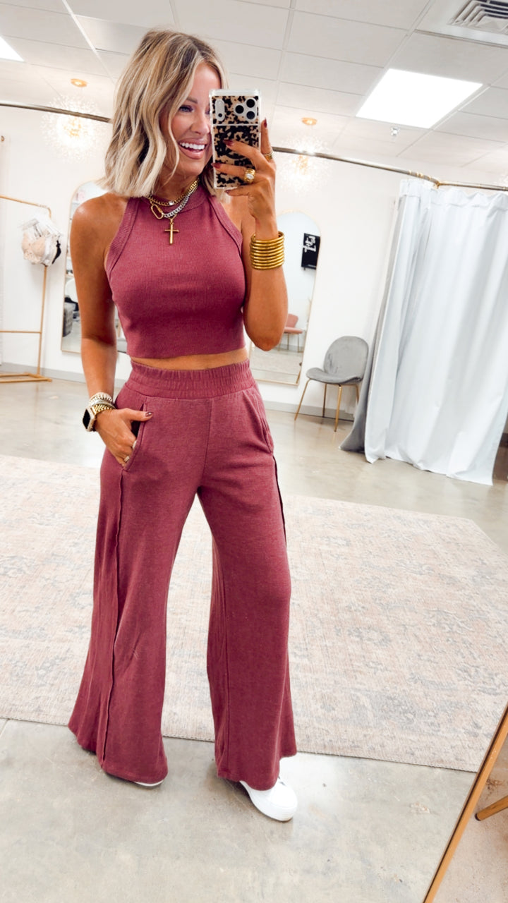 Harlow Halter Neck Crop Top & Pants Set-Wine