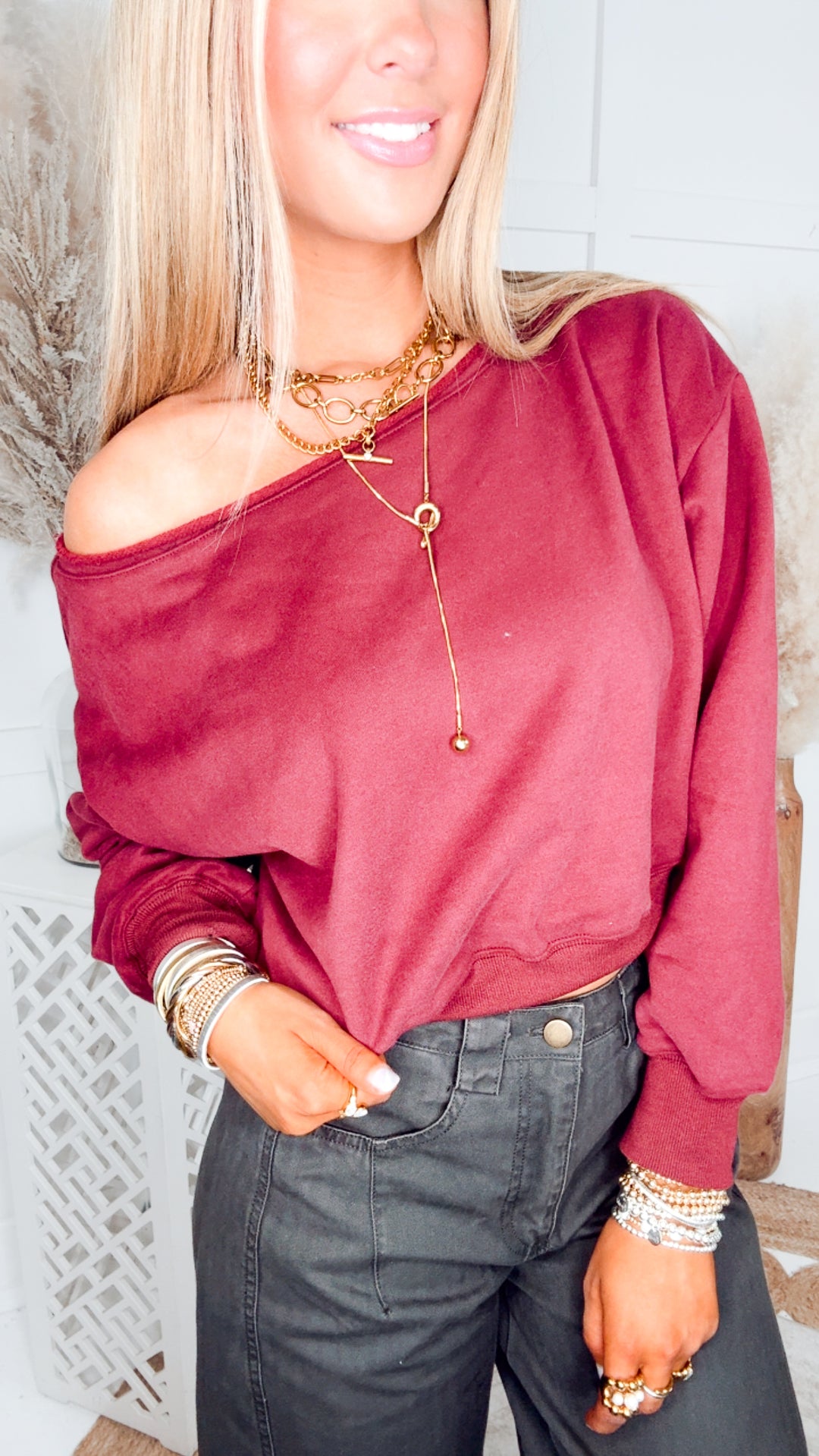 Alina Off Shoulder Sweatshirt-Burgundy