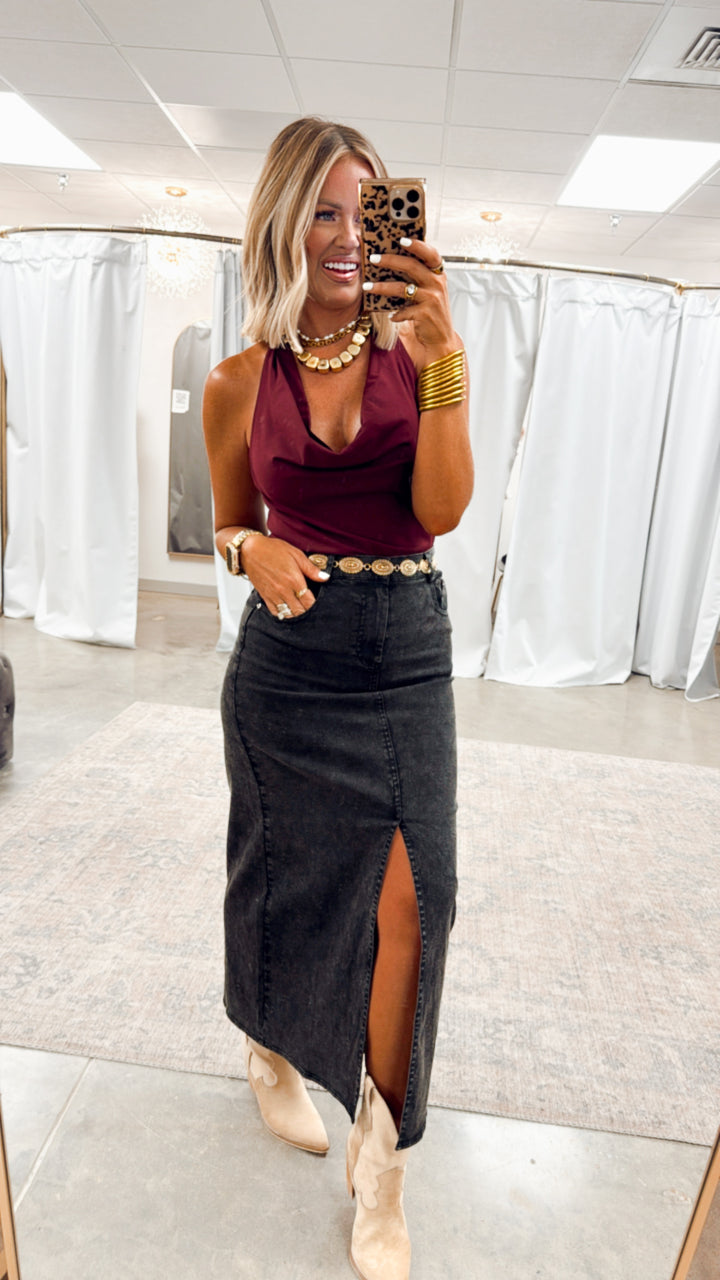 Cowl Neck Ruched Halter Top-Maroon