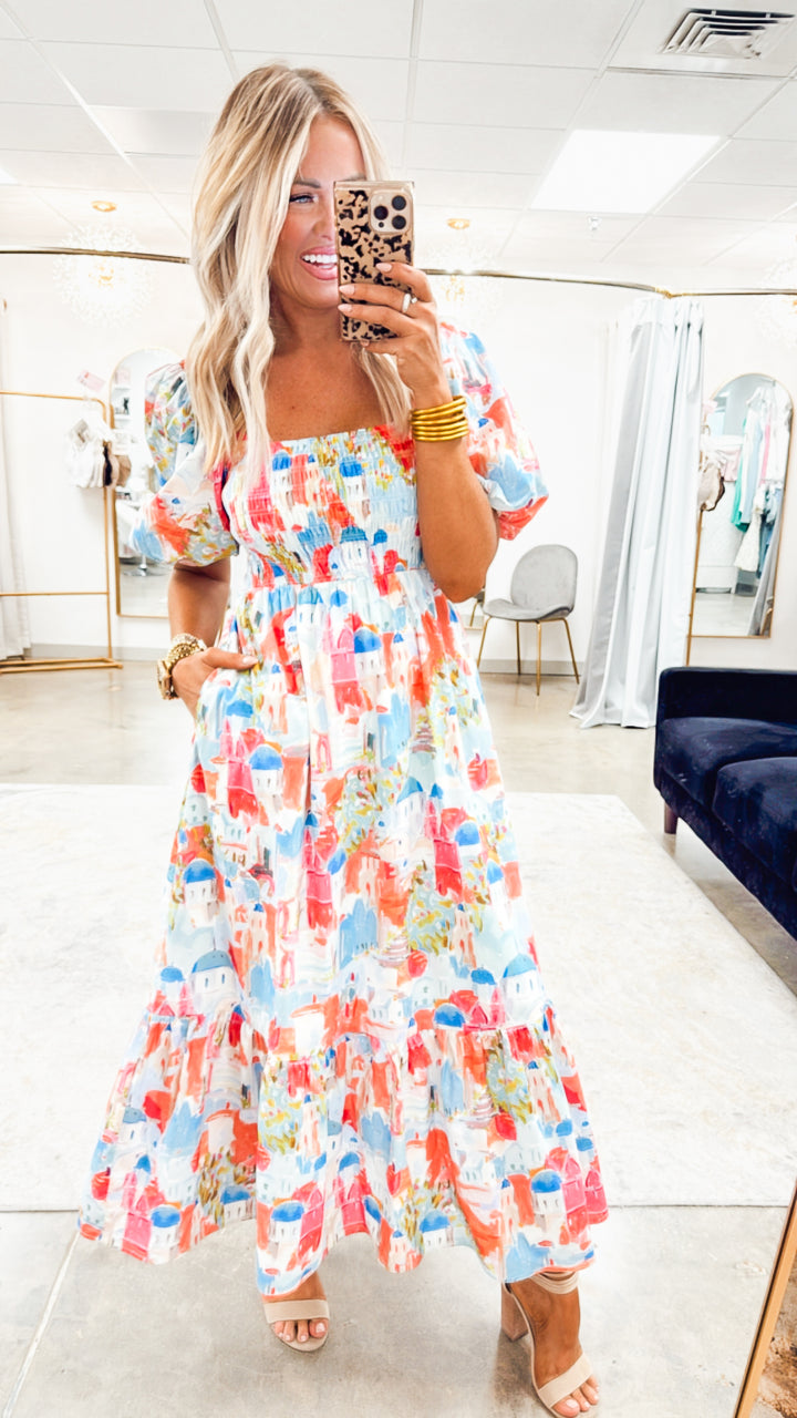 Santorini Smocked Midi Dress-Pink