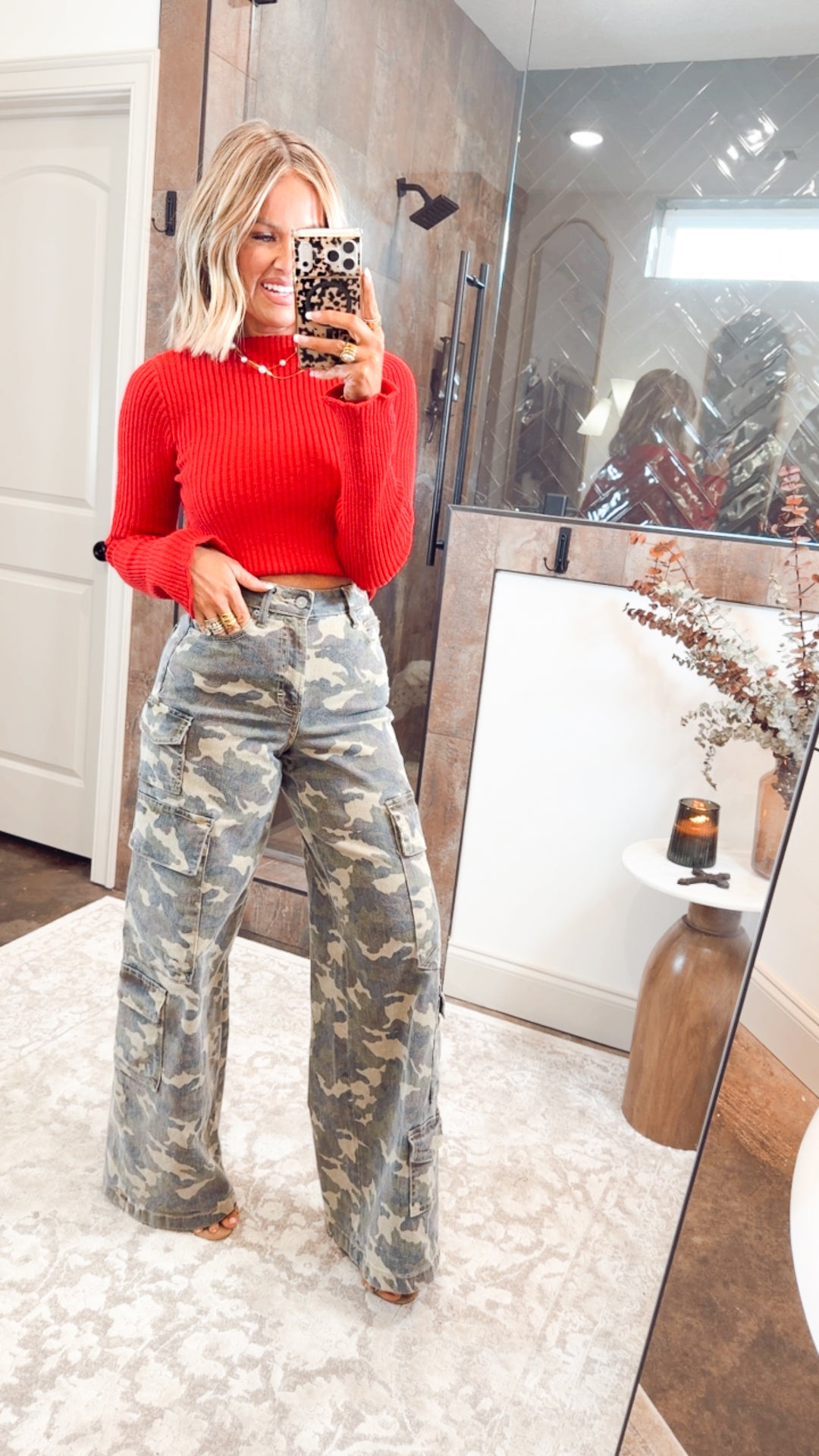 Sleek Mock Neck Ribbed Top-Red