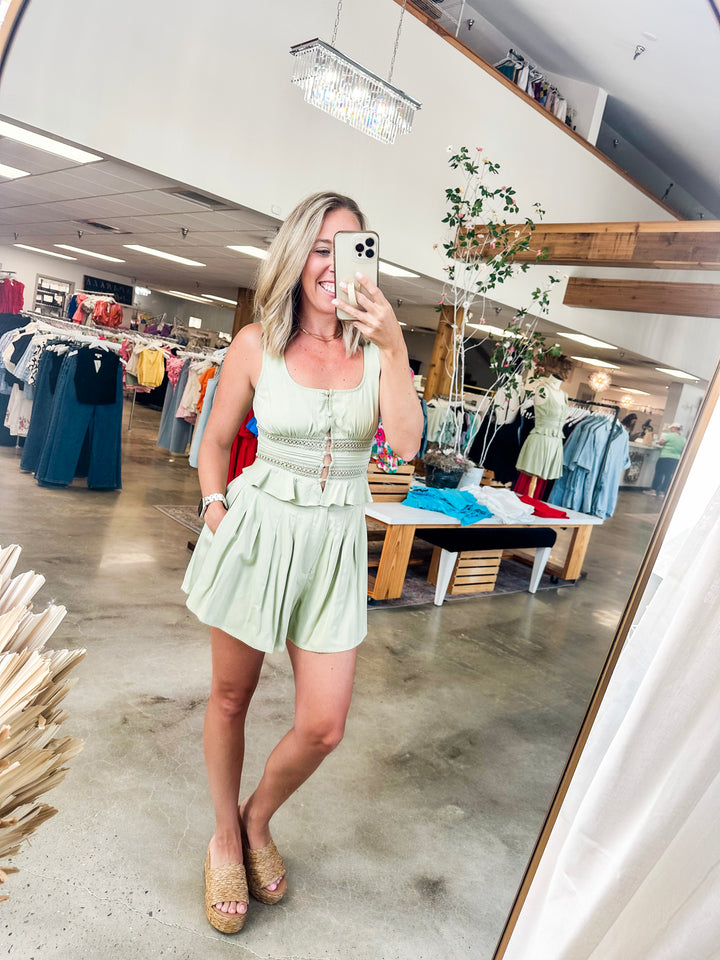 Elegant Button Down Tank & Lace Trim Shorts Set