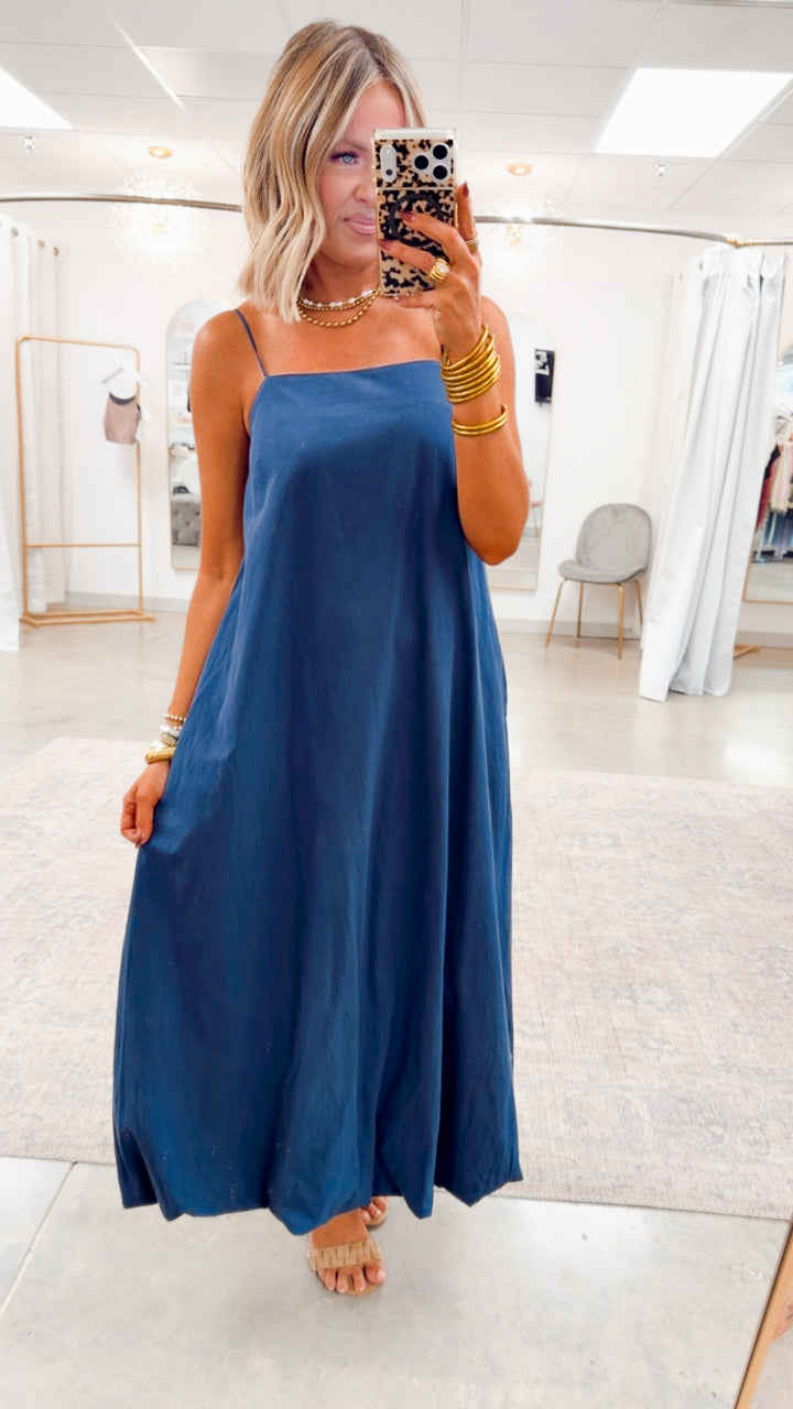 The Kaia Bubble Hem Midi Dress-Navy