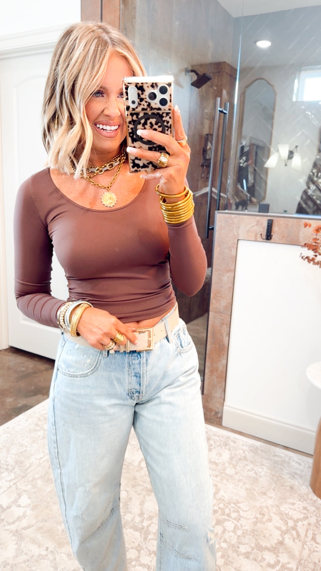 Basic Long Sleeve Scoop Neck Top-French Roast