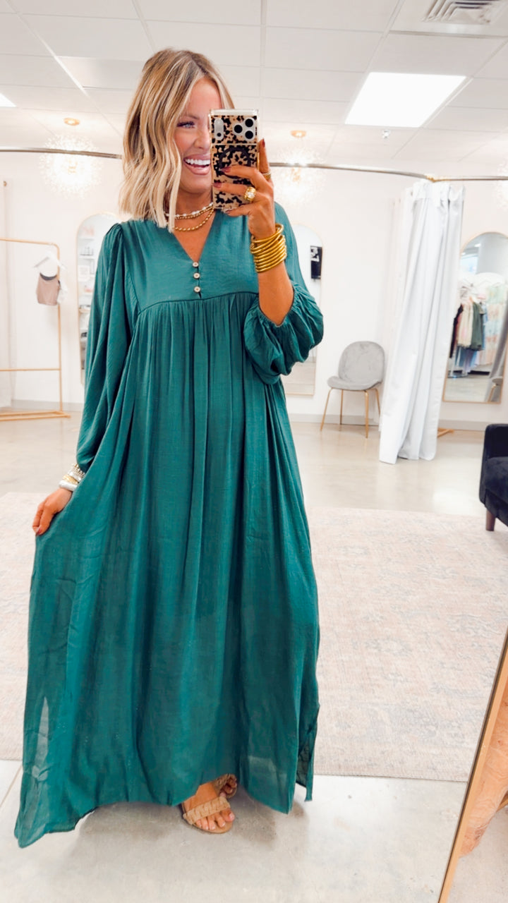 Bell Sleeve Midi Dress-Hunter Green