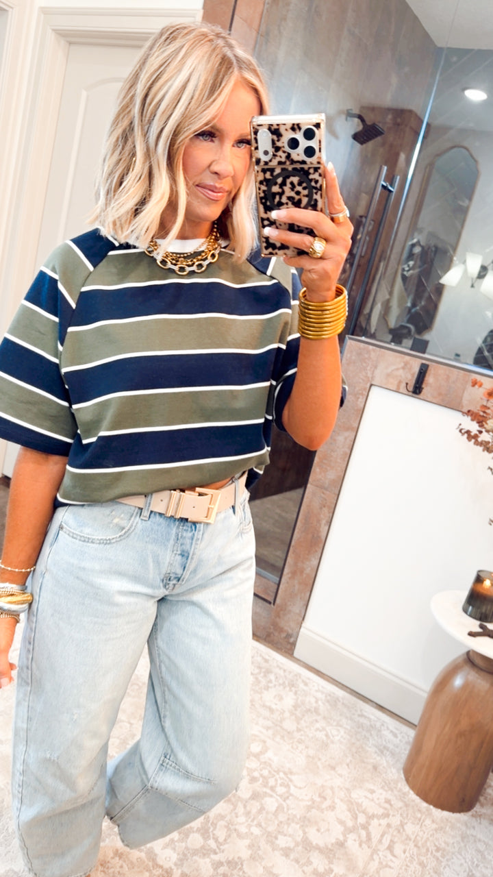 Stripe Edit Top-Olive/Navy