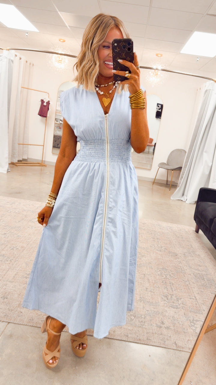 The Shore Stripe Midi Dress-Blue/White