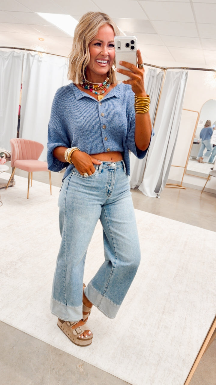 The Brandi Button Down Cardigan-Dusty Blue