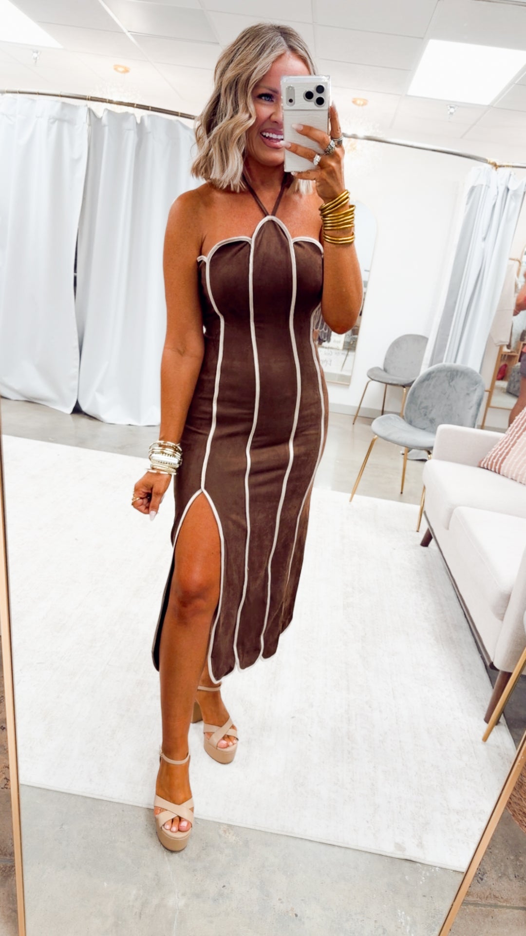 Scallop in Suede Dress-Brown/Taupe