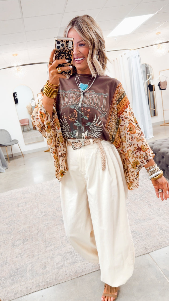 Rock N Roll Graphic Kantha Top-Brown