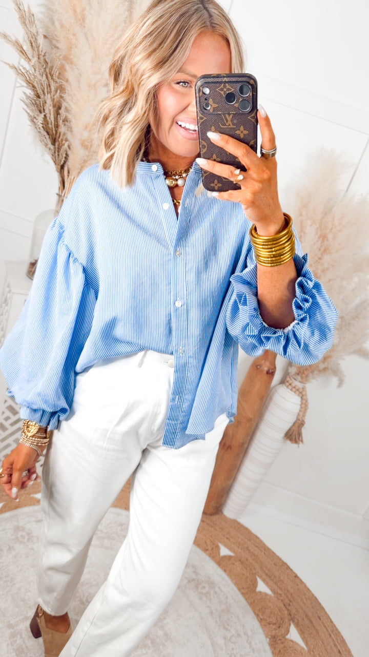 Pinstripe Bubble Sleeve Top