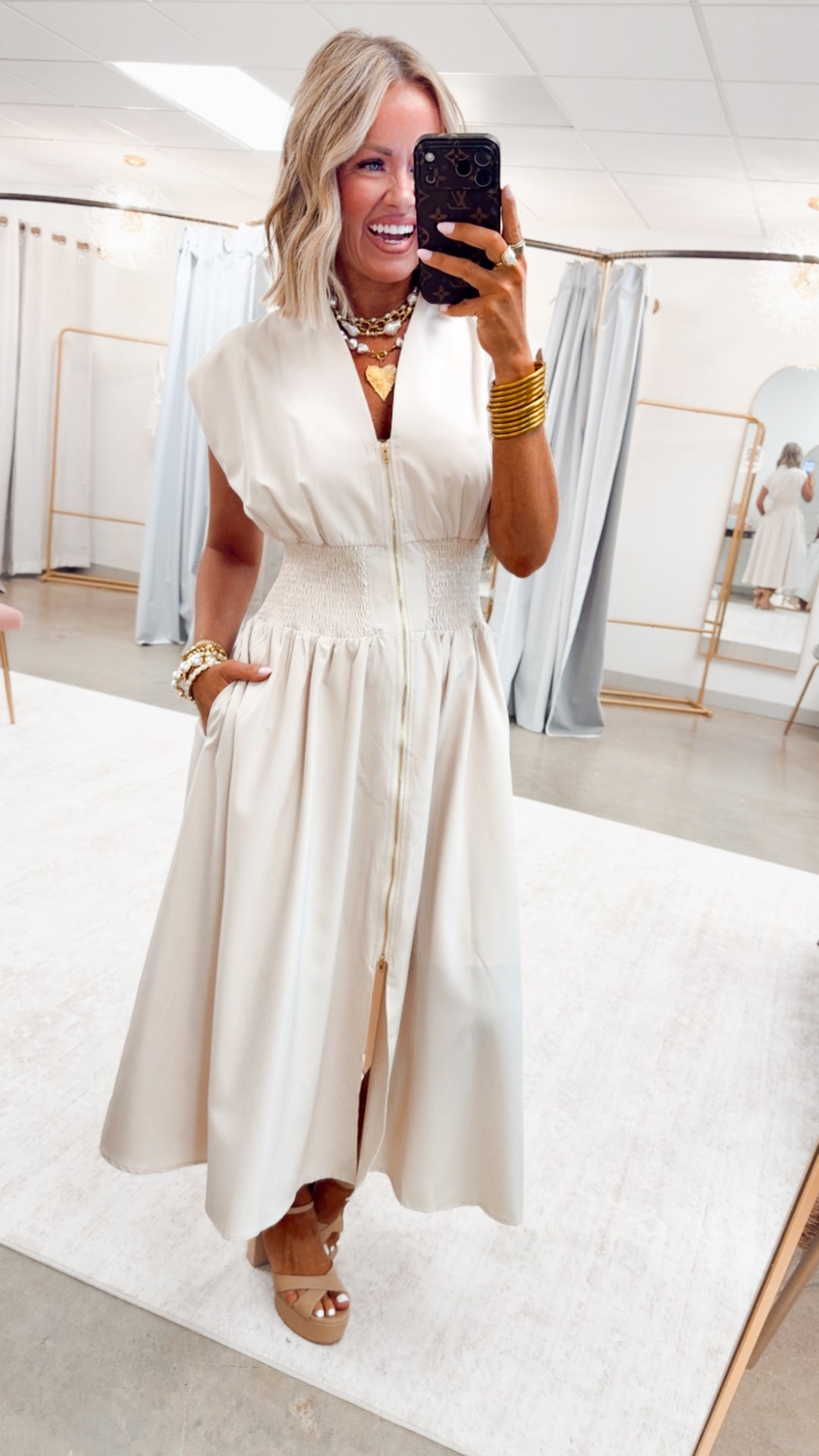 The Aveline Smocked Midi Dress-Champagne