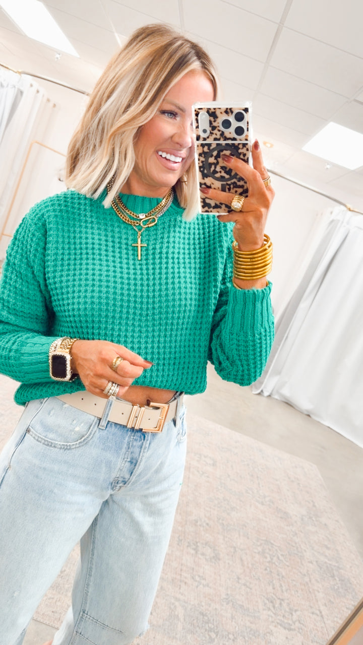 The Maren Hi-Low Waffle Knit- Green