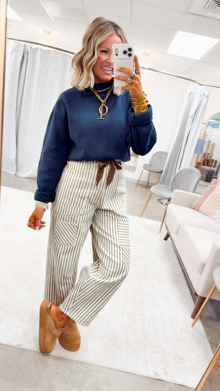 The Brighton Stripe Pants-Oatmeal/Navy