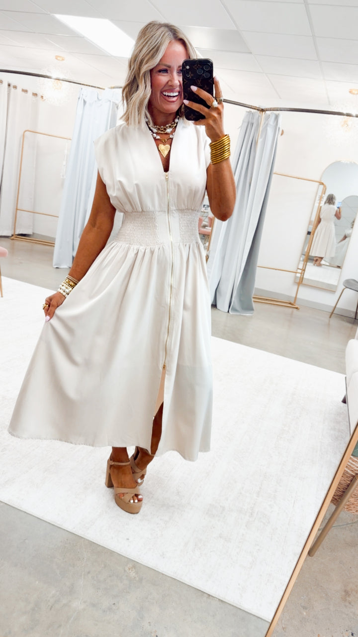 The Aveline Smocked Midi Dress-Champagne