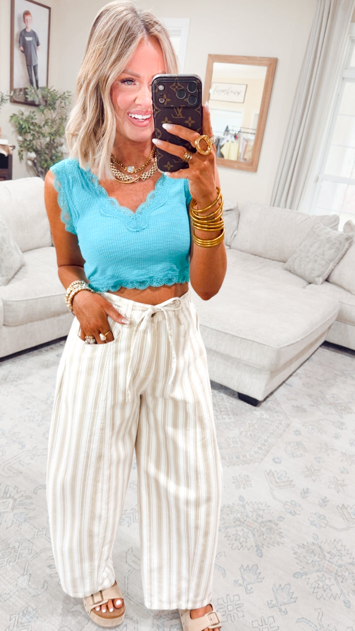 Noa Lace Crop Tank-Aqua Blue